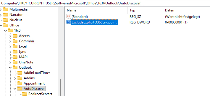 Registry Schlüssel anlegen: ExcludeExplicitO365Endpoint