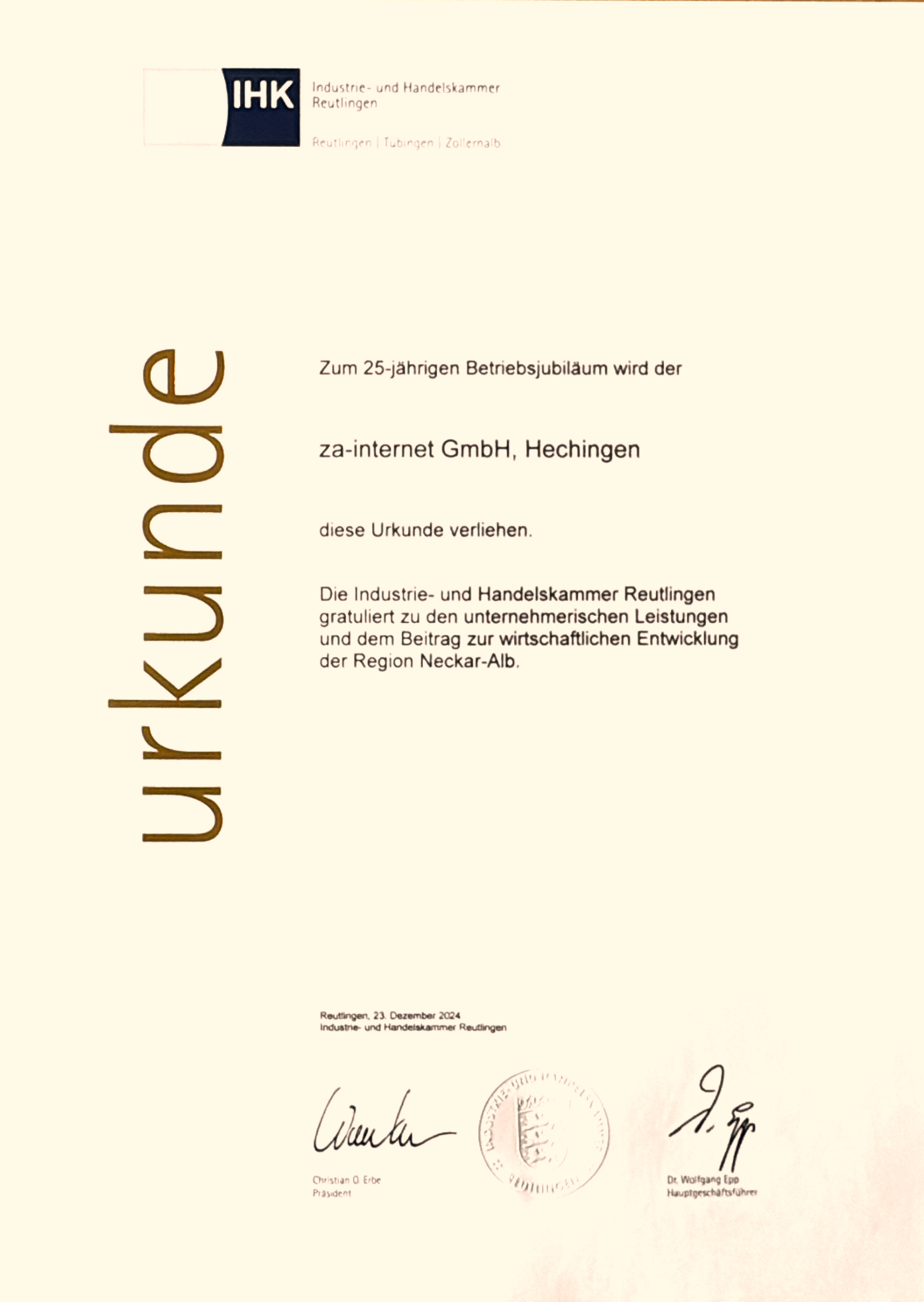 Urkunde IHK 25 Jahre za-internet GmbH